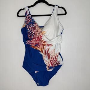 Swimsuits For All Swimsuit Womens 16 Blue Tropical Floral One Piece Ruched Lined